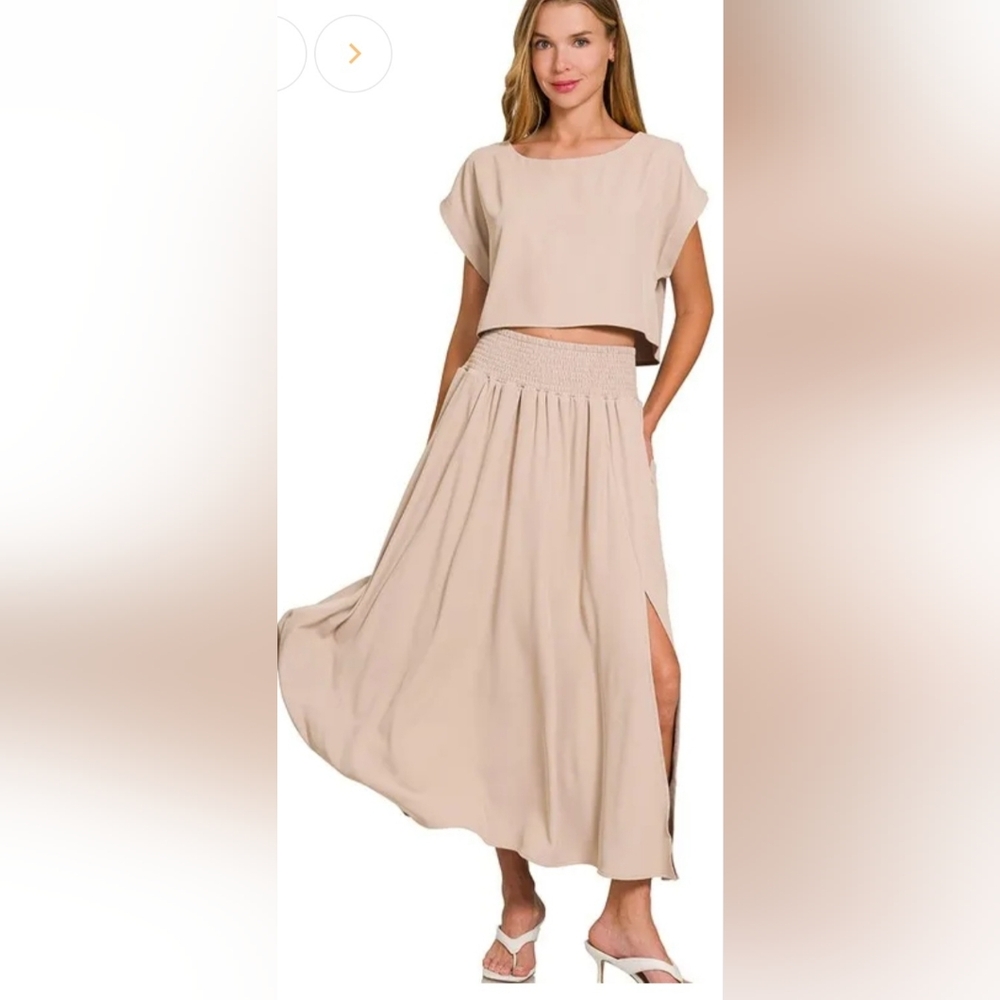 Zenana 2 Piece Crop Top and Tie-Waist Maxi Skirt Set Ash Mocha - Picture 7 of 8